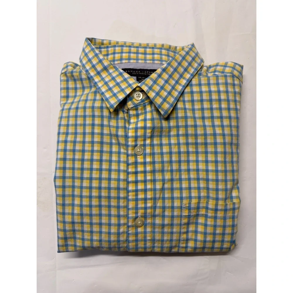 Banana Republic Mens Soft-Wash Gingham Button Down Shirt Yellow Blue Medium M